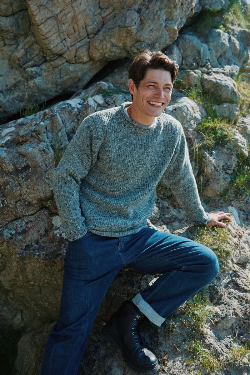 Raheen Tweed Roll Neck Mens Sweater - Light Grey