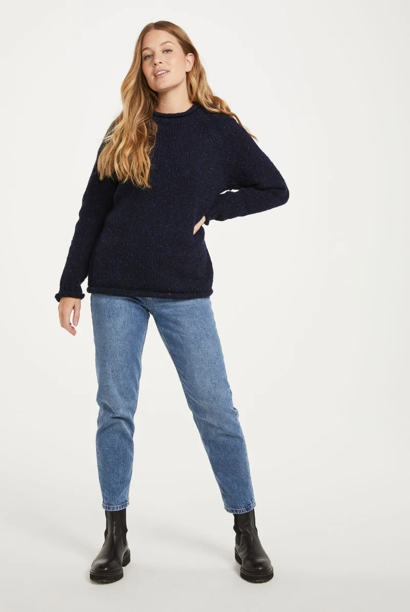 Brackloon Tweed Roll Neck Ladies Sweater - Navy
