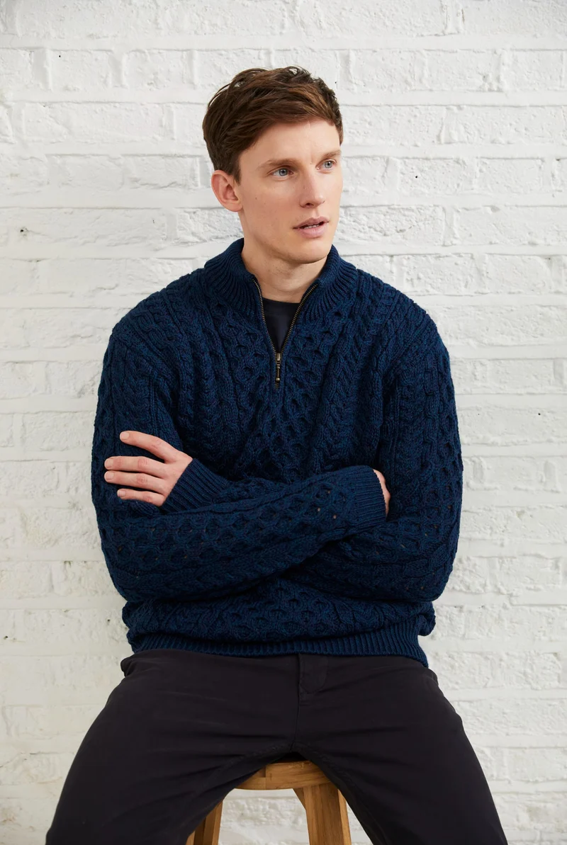 Ballycroy Mens Merino Aran Half Zip Sweater - Atlantic