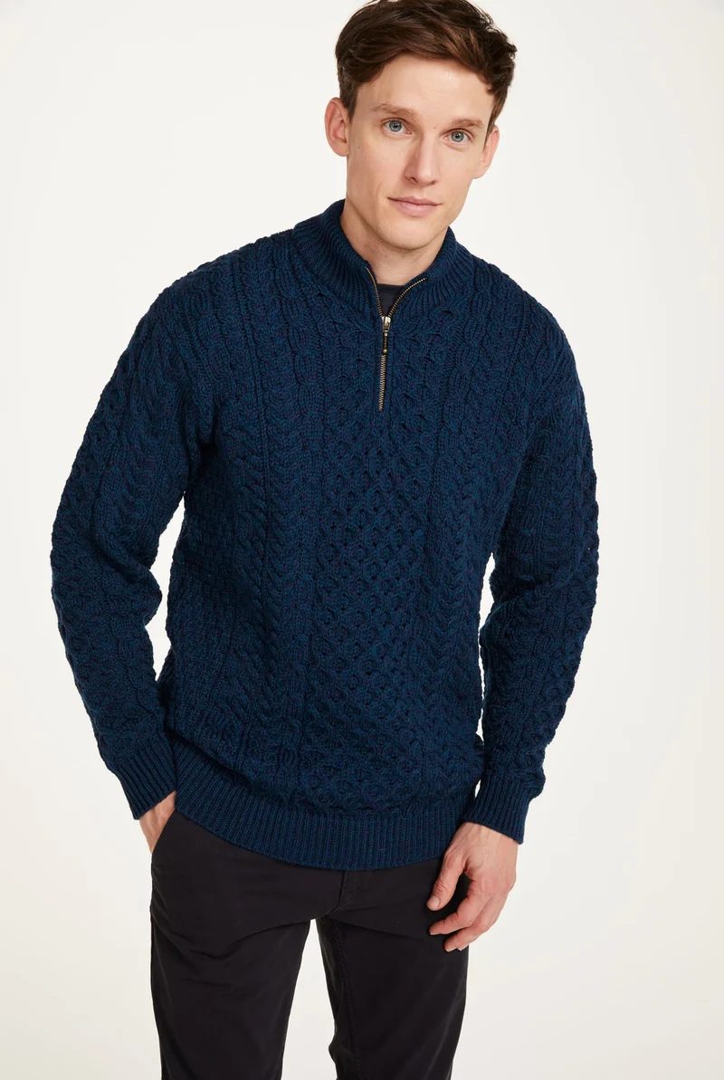 Ballycroy Mens Merino Aran Half Zip Sweater - Atlantic