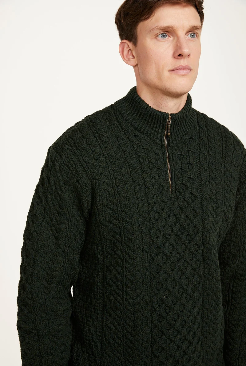Ballycroy Mens Merino Aran Half Zip Sweater - Forest Green