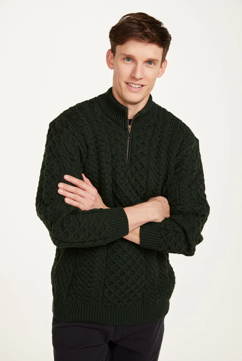 Ballycroy Mens Merino Aran Half Zip Sweater - Forest Green