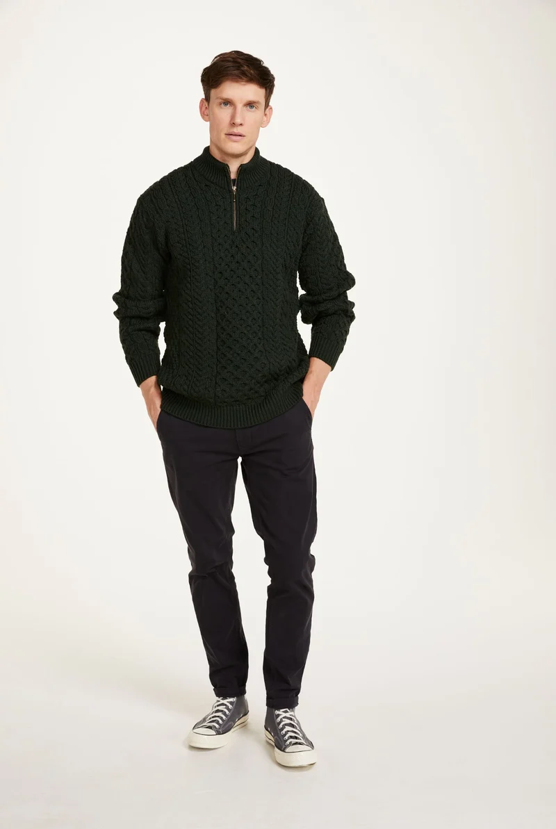 Ballycroy Mens Merino Aran Half Zip Sweater - Forest Green