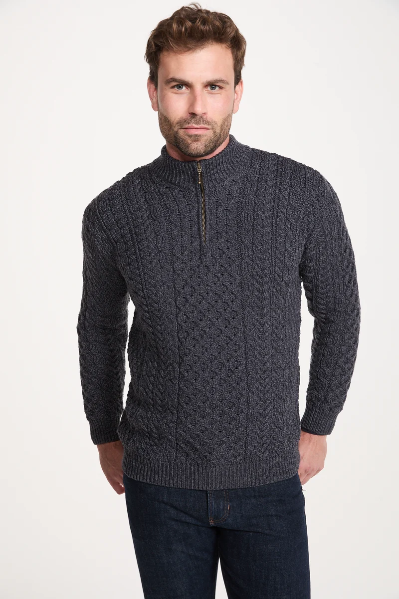 Ballycroy Mens Merino Aran Half Zip Sweater - Grey