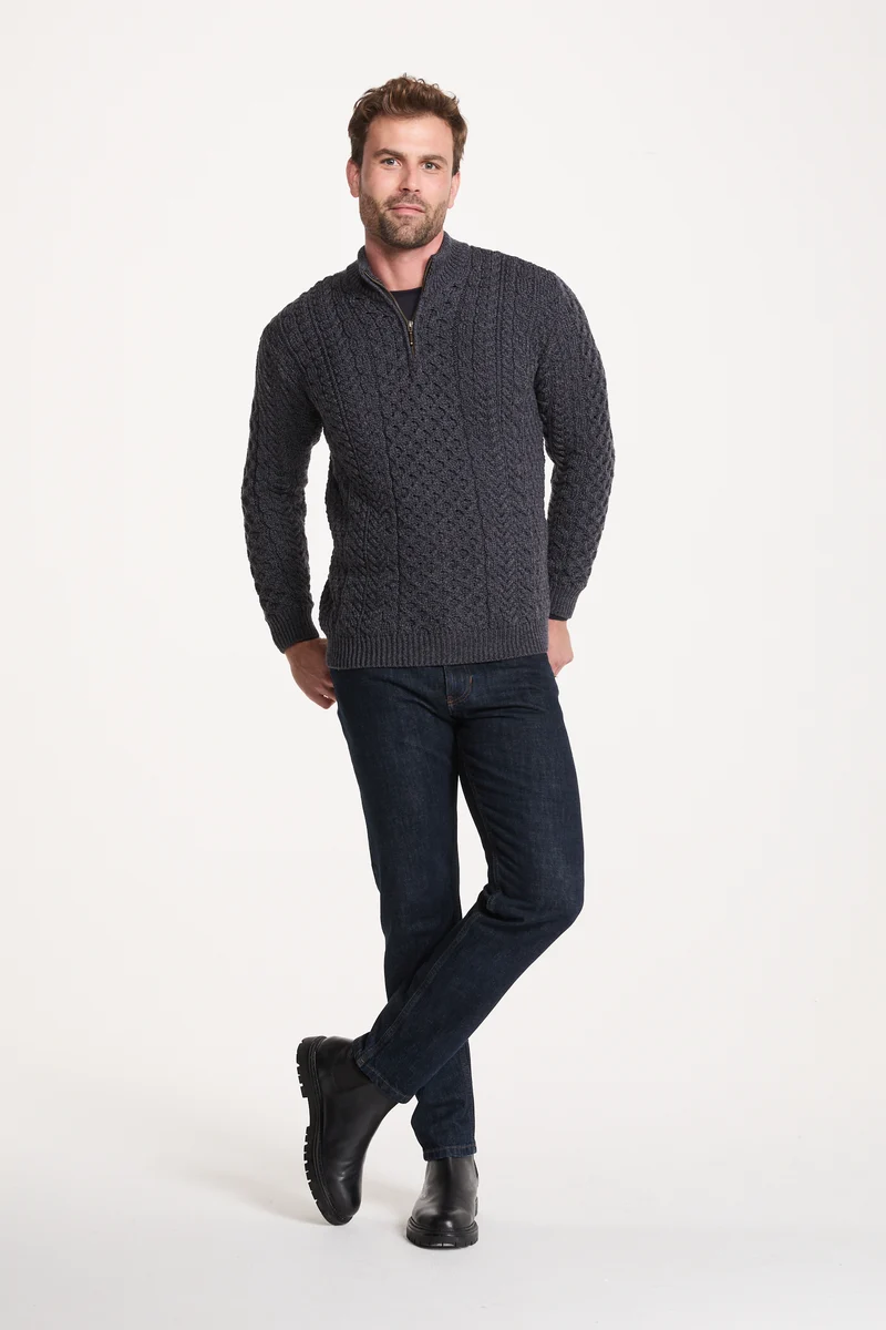 Ballycroy Mens Merino Aran Half Zip Sweater - Grey