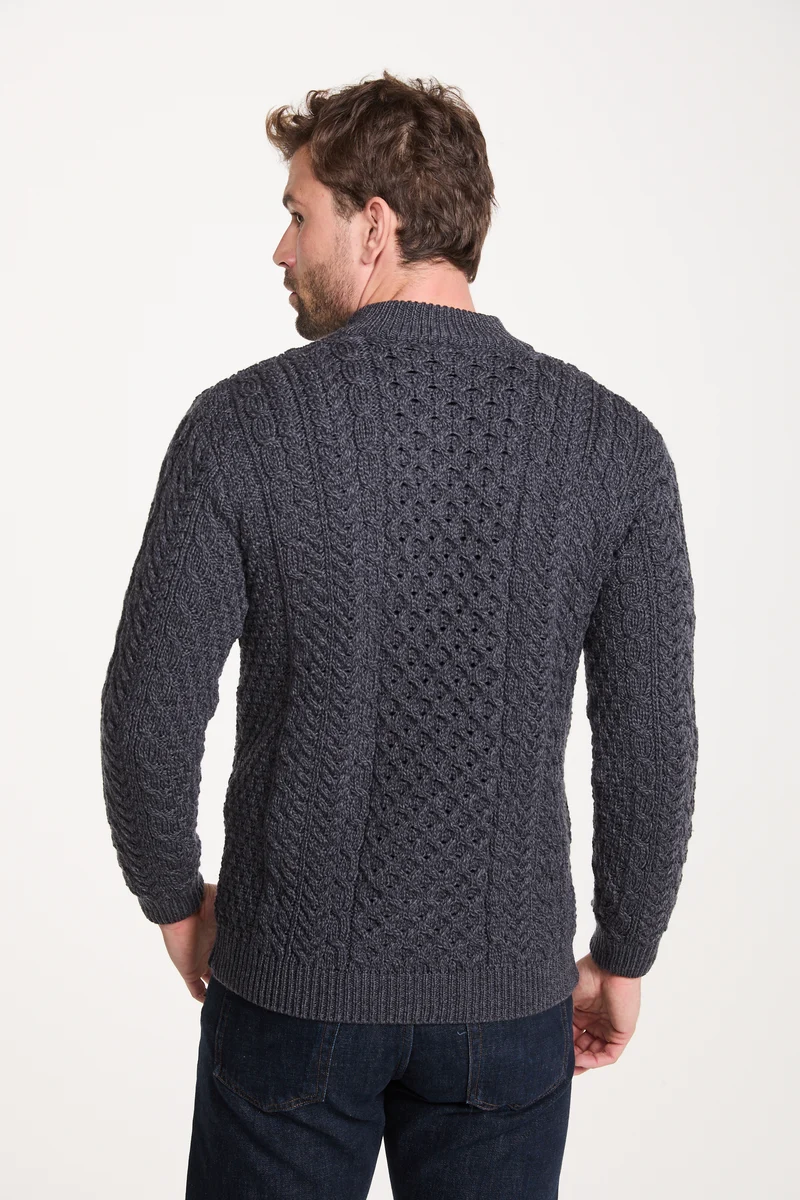 Ballycroy Mens Merino Aran Half Zip Sweater - Grey