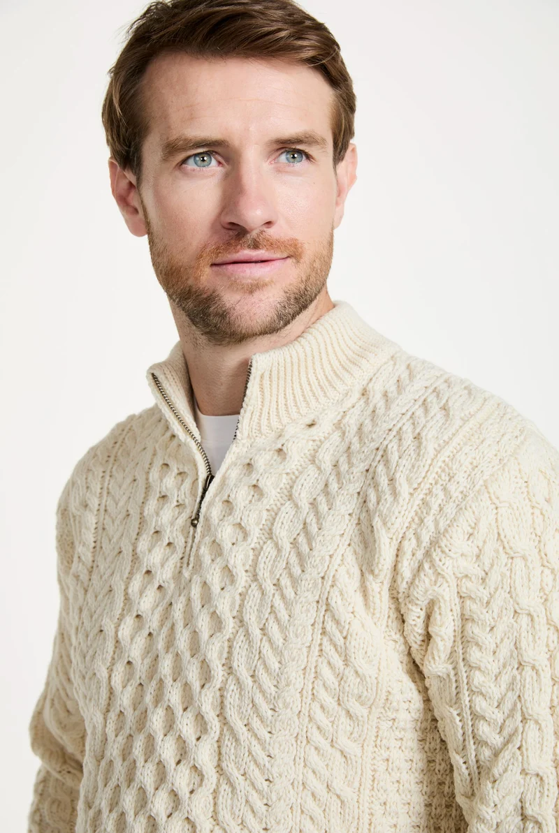 Ballycroy Mens Merino Aran Half Zip Sweater - Cream