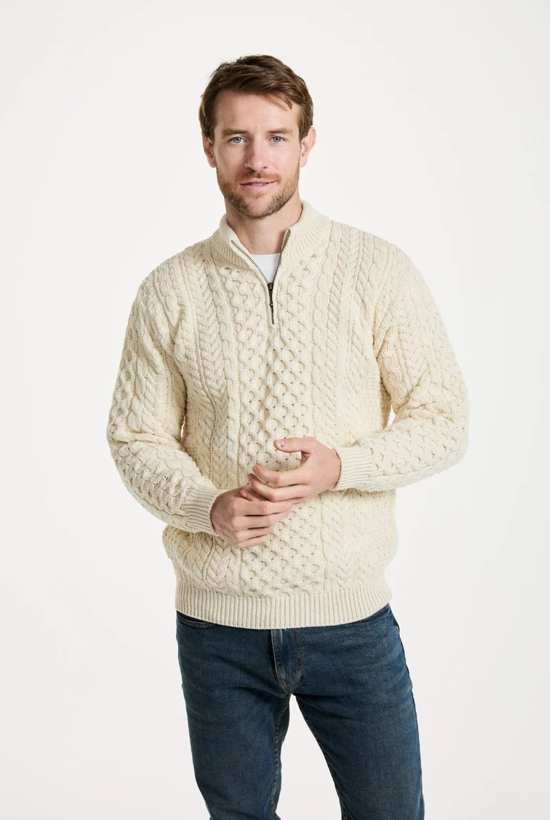 Ballycroy Mens Merino Aran Half Zip Sweater - Cream