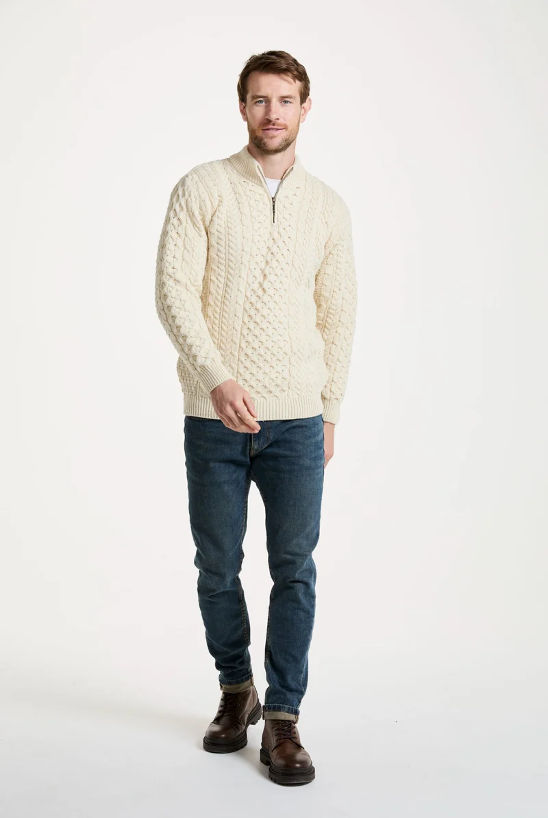 Ballycroy Mens Merino Aran Half Zip Sweater - Cream