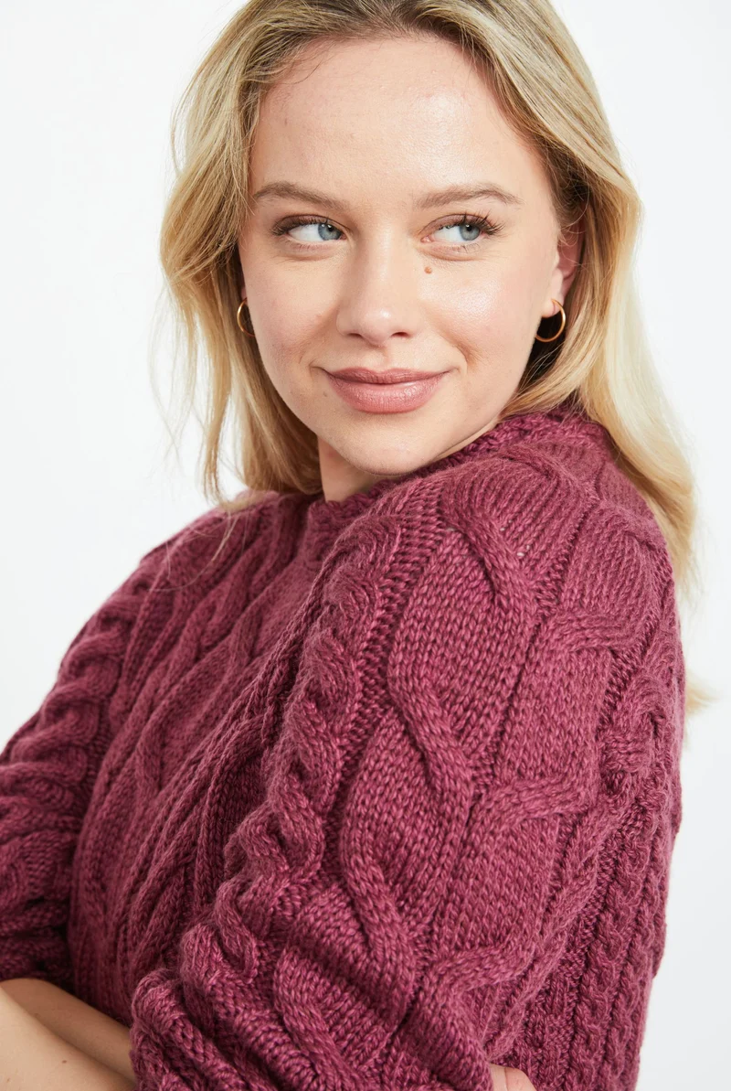 Listowel Ladies Aran Cabled Sweater - Berry