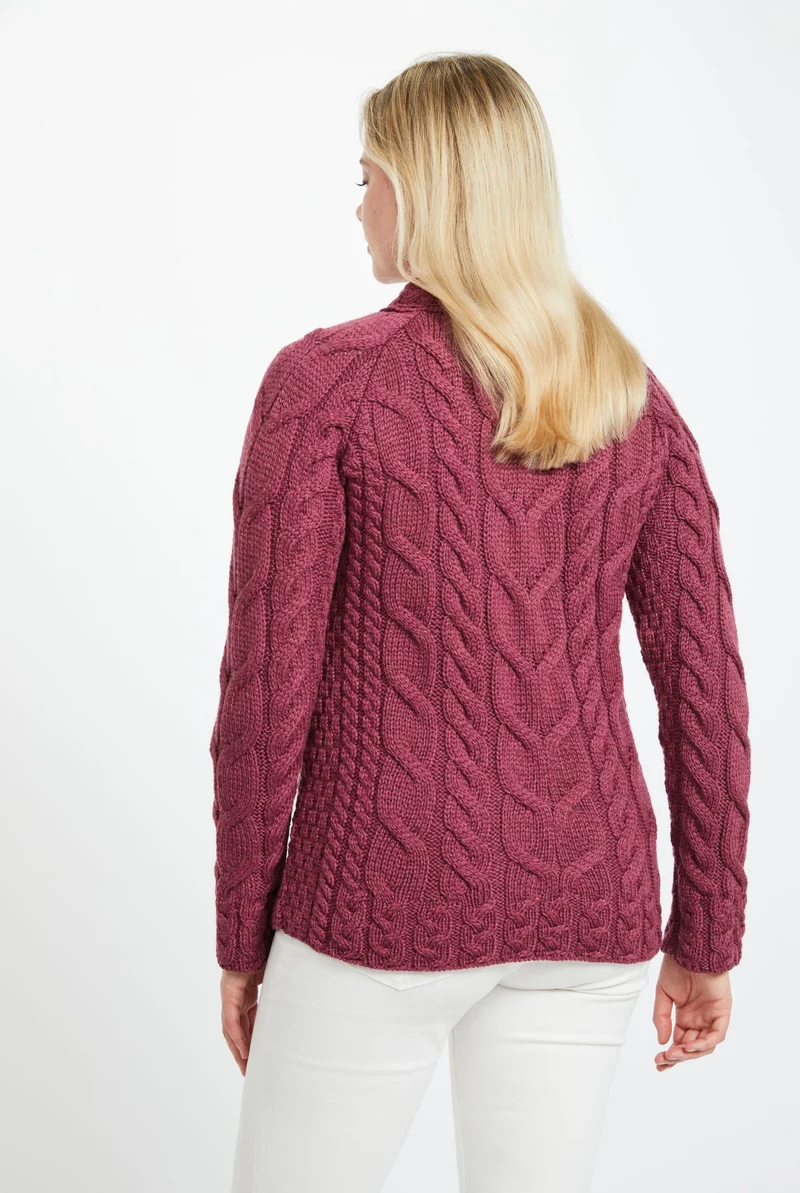 Listowel Ladies Aran Cabled Sweater - Berry