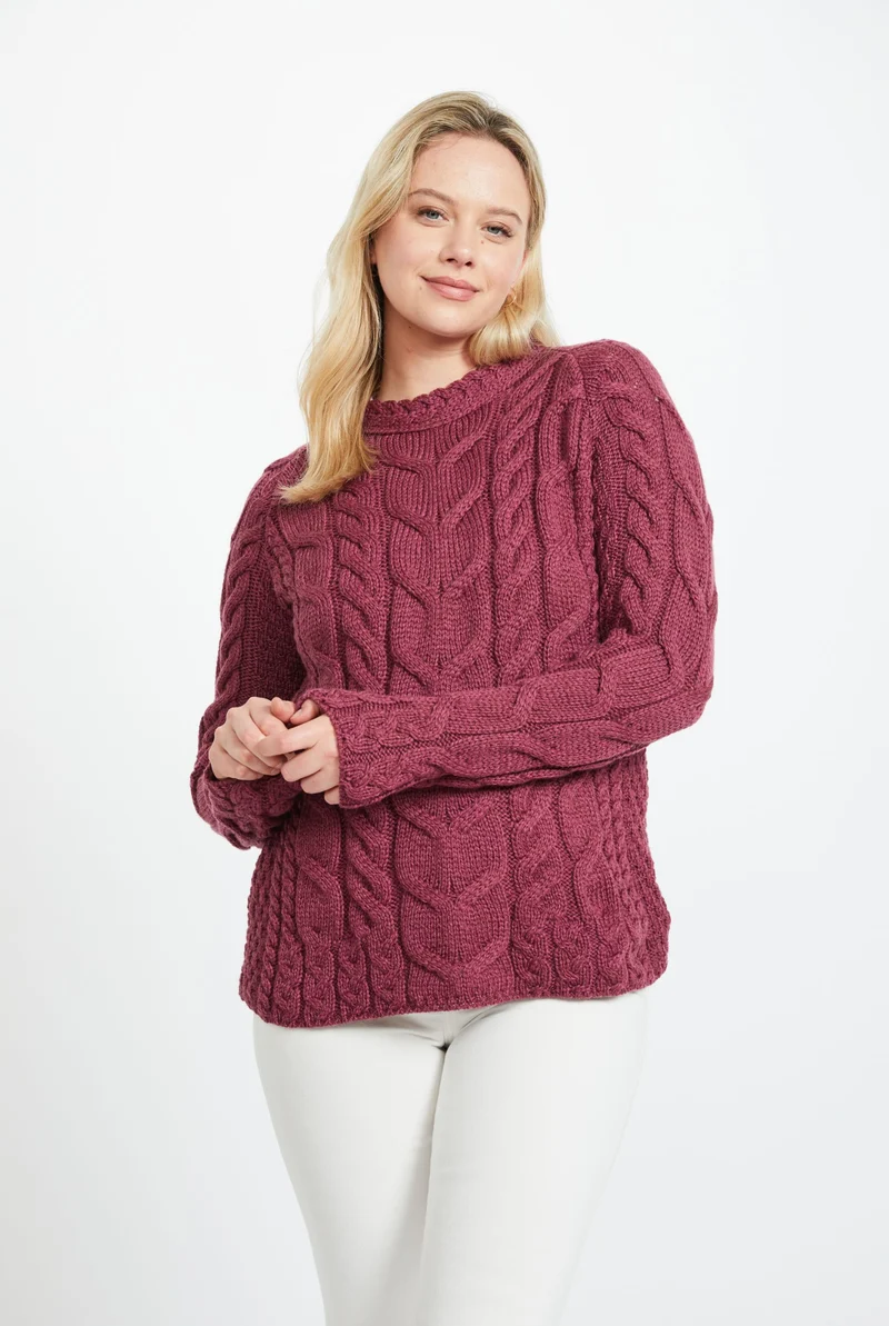 Listowel Ladies Aran Cabled Sweater - Berry