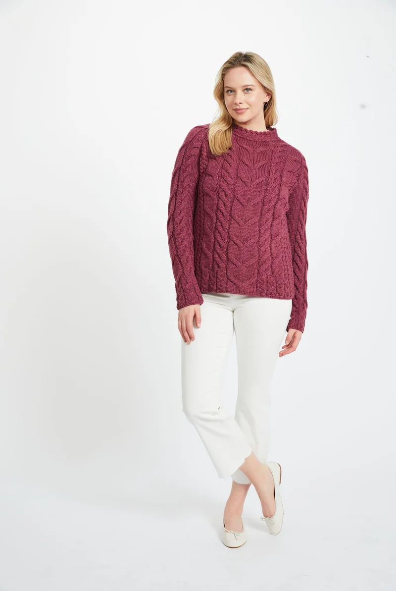 Listowel Ladies Aran Cabled Sweater - Berry