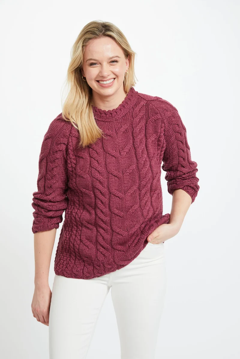 Listowel Ladies Aran Cabled Sweater - Berry