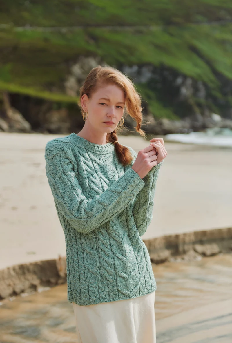 Listowel Ladies Aran Cabled Sweater - Mint