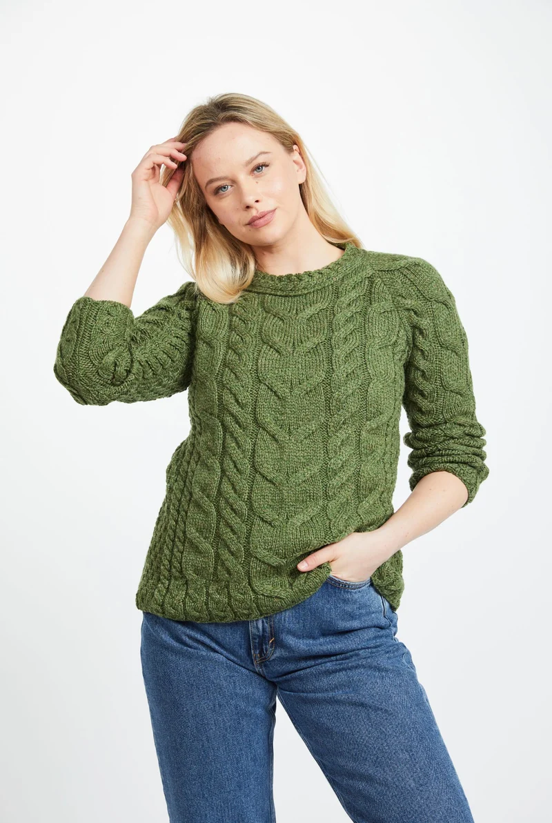 Listowel Ladies Aran Cabled Sweater - Meadow Green