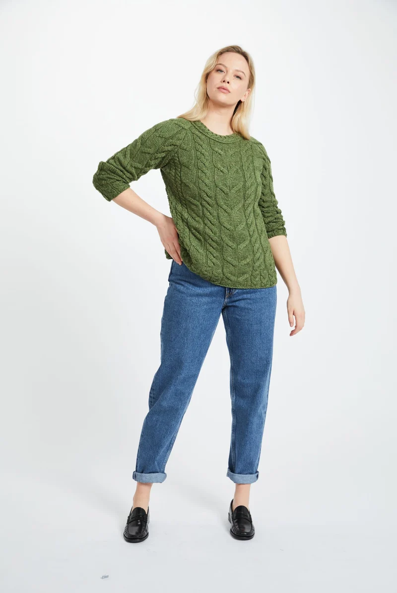 Listowel Ladies Aran Cabled Sweater - Meadow Green
