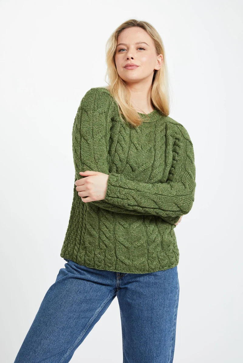 Listowel Ladies Aran Cabled Sweater - Meadow Green