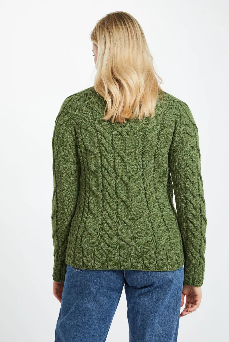 Listowel Ladies Aran Cabled Sweater - Meadow Green