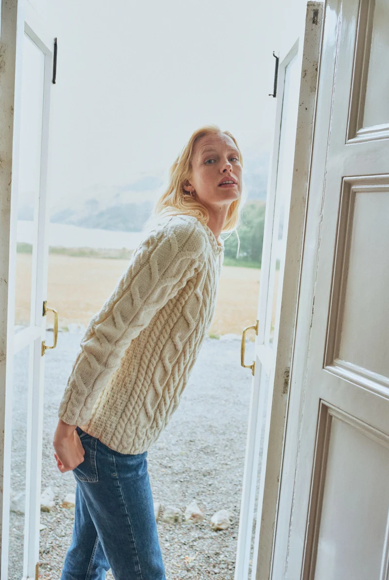 Listowel Ladies Aran Cabled Sweater - Cream