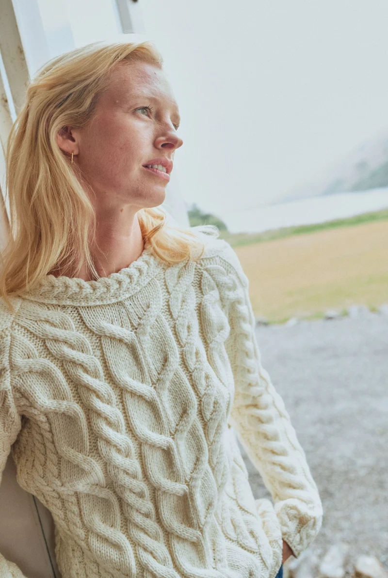 Listowel Ladies Aran Cabled Sweater - Cream