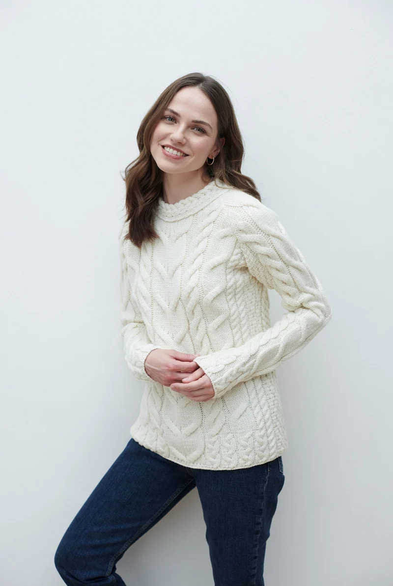 Listowel Ladies Aran Cabled Sweater - Cream