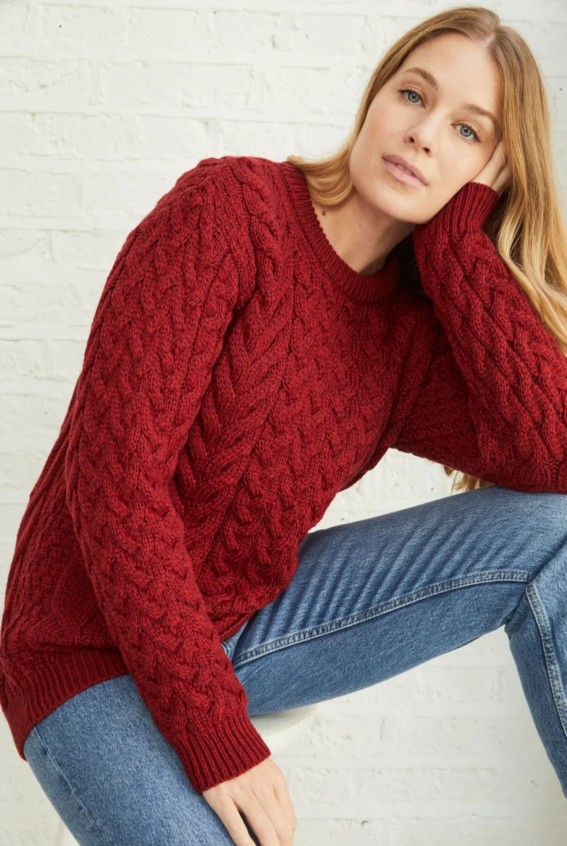Omey Ladies Aran Crew Neck Sweater - Rua Red