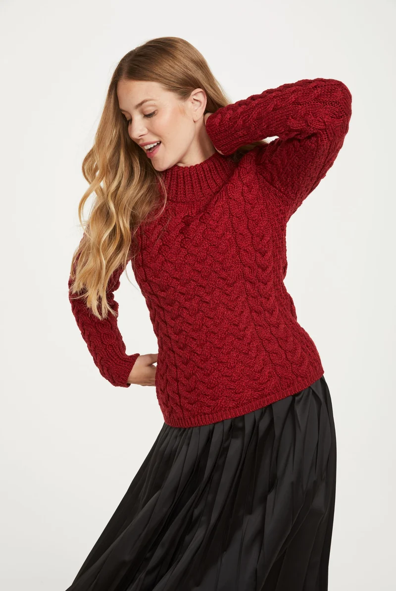 Knightstown Ladies Merino Aran Crew Sweater - Red