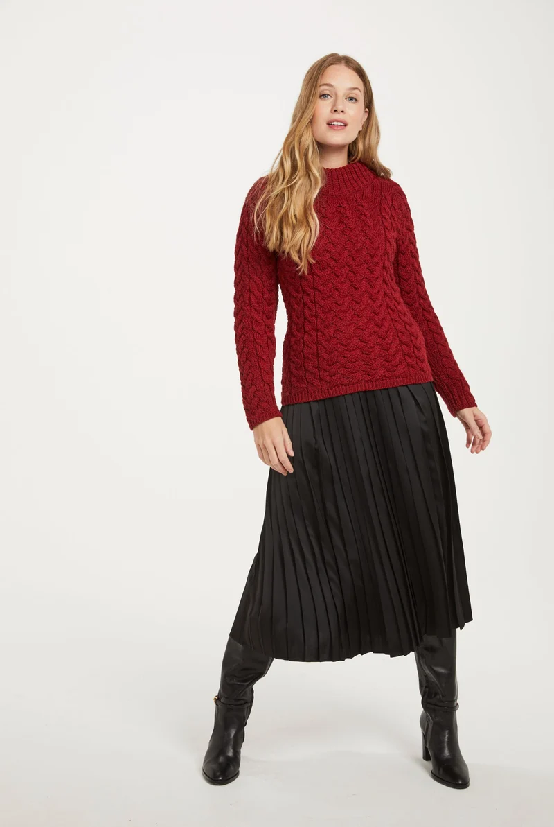 Knightstown Ladies Merino Aran Crew Sweater - Red