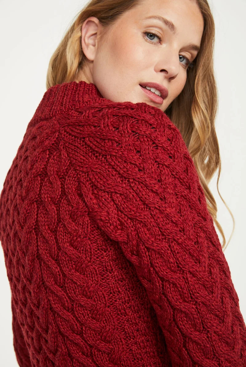 Knightstown Ladies Merino Aran Crew Sweater - Red