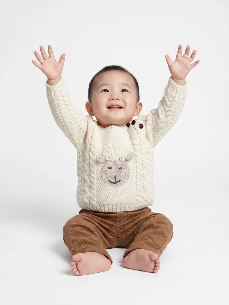 Shepley Character Baby Aran Wool Crew Neck Sweater - Cream