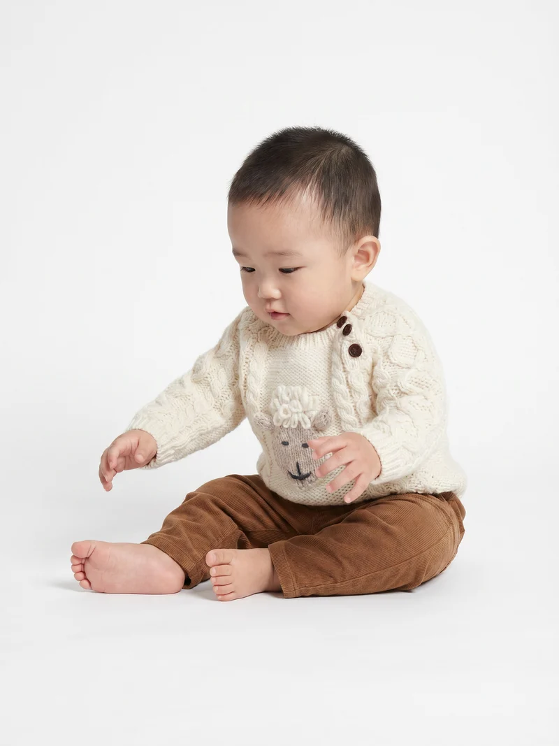 Shepley Character Baby Aran Wool Crew Neck Sweater - Cream