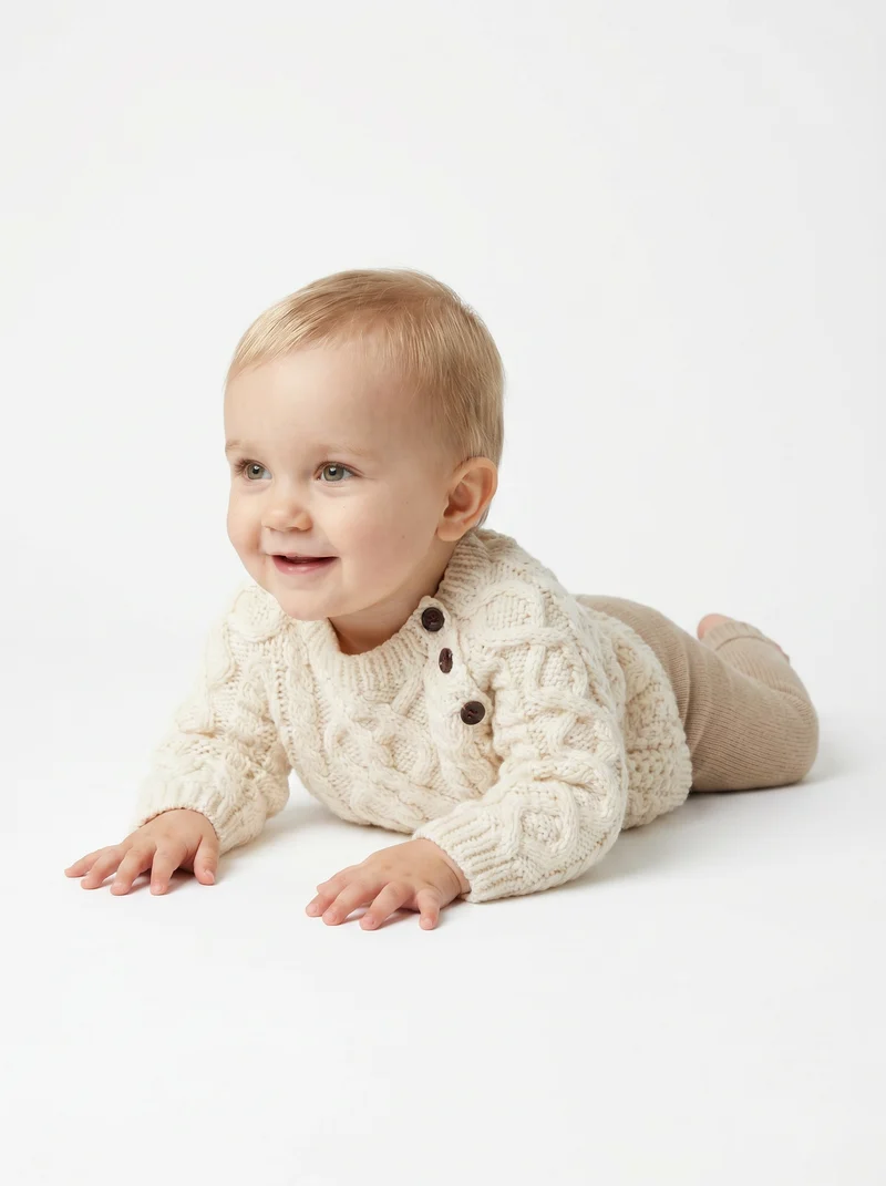 Shepley Baby Aran Wool Crew Neck Sweater - Cream