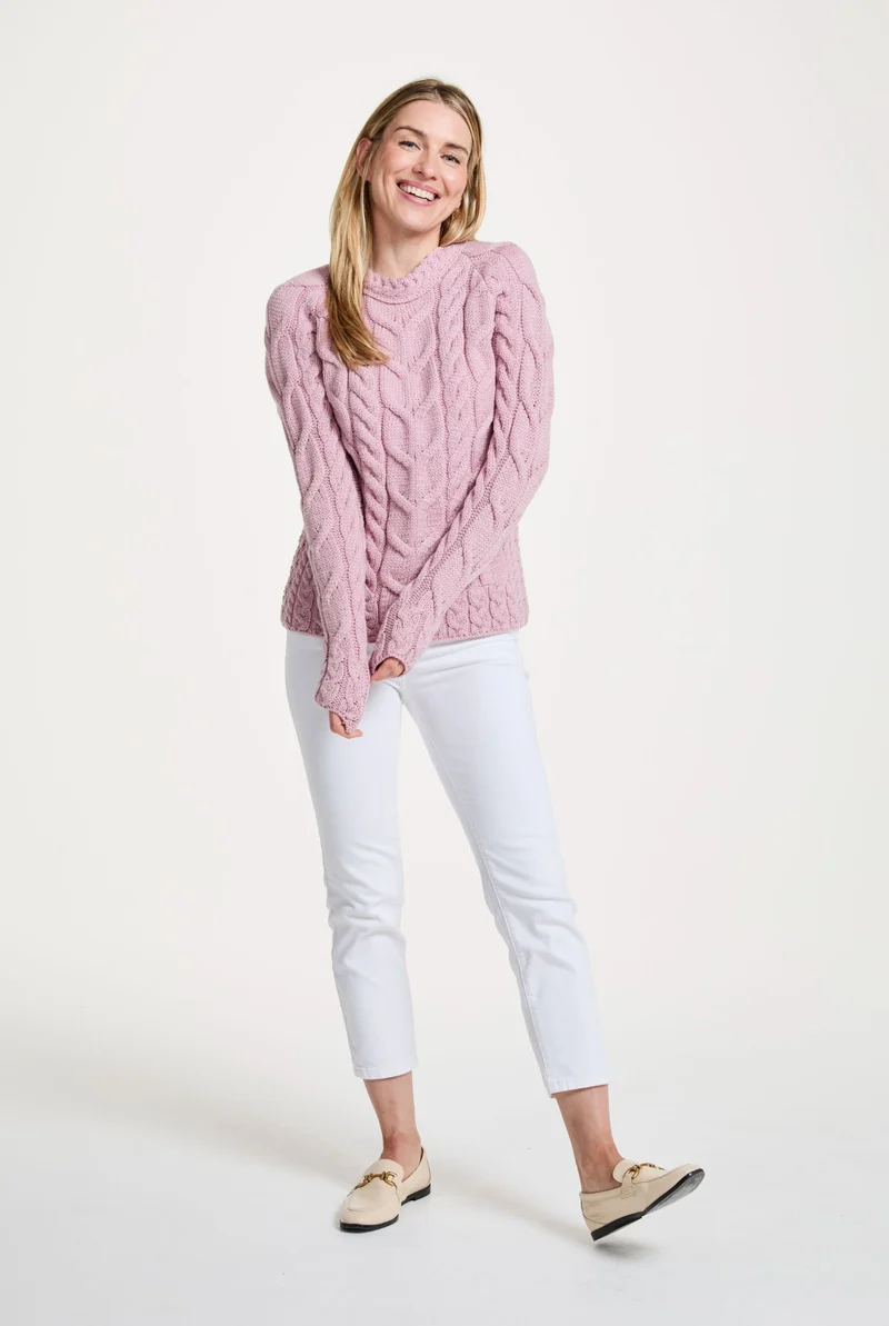 Listowel Ladies Aran Cabled Sweater - Blush Pink