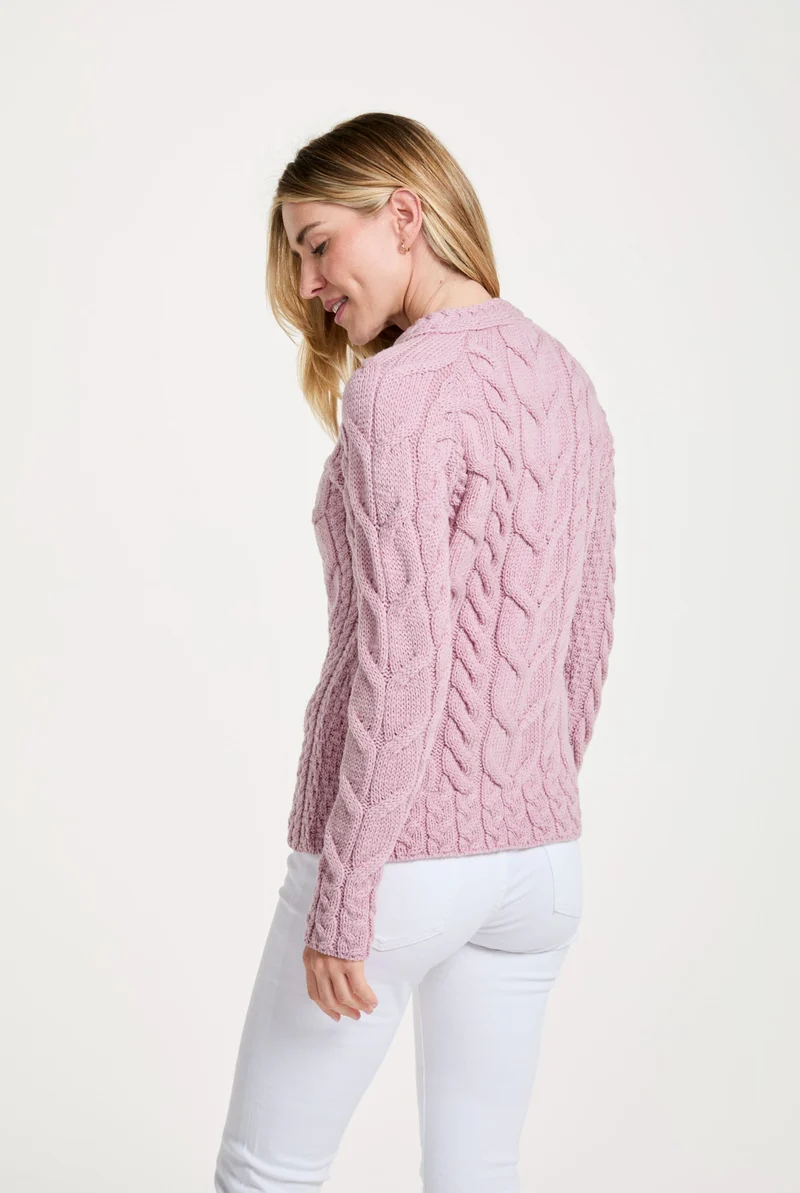 Listowel Ladies Aran Cabled Sweater - Blush Pink