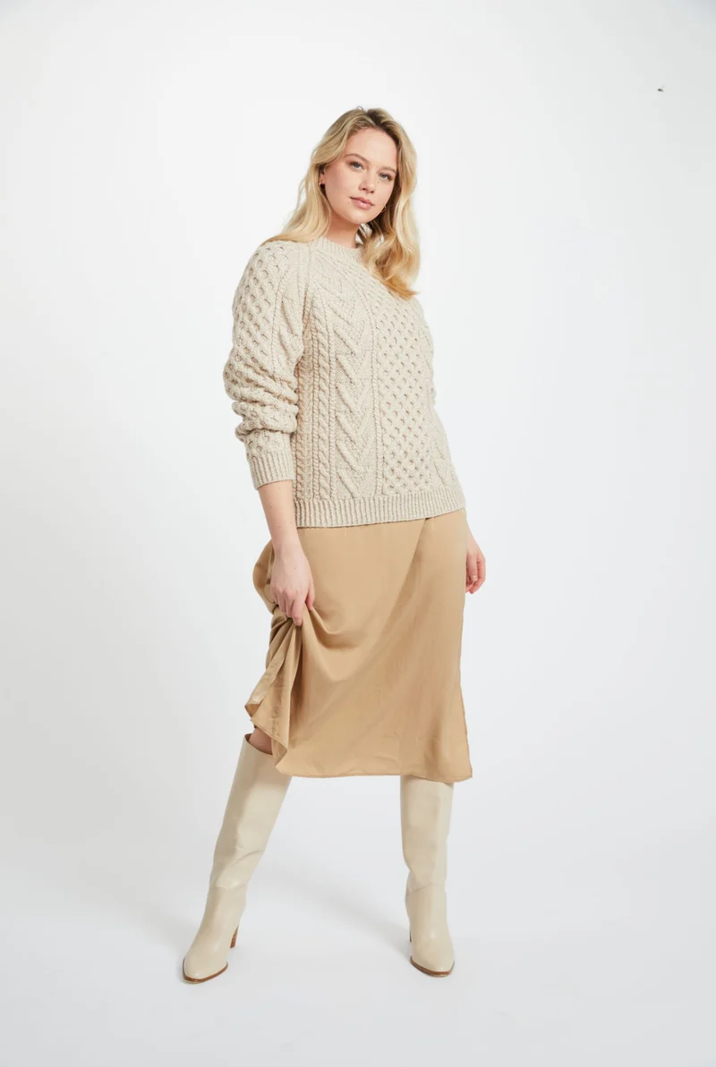 Kilronan Aran Ladies Honeycomb Sweater - Oat
