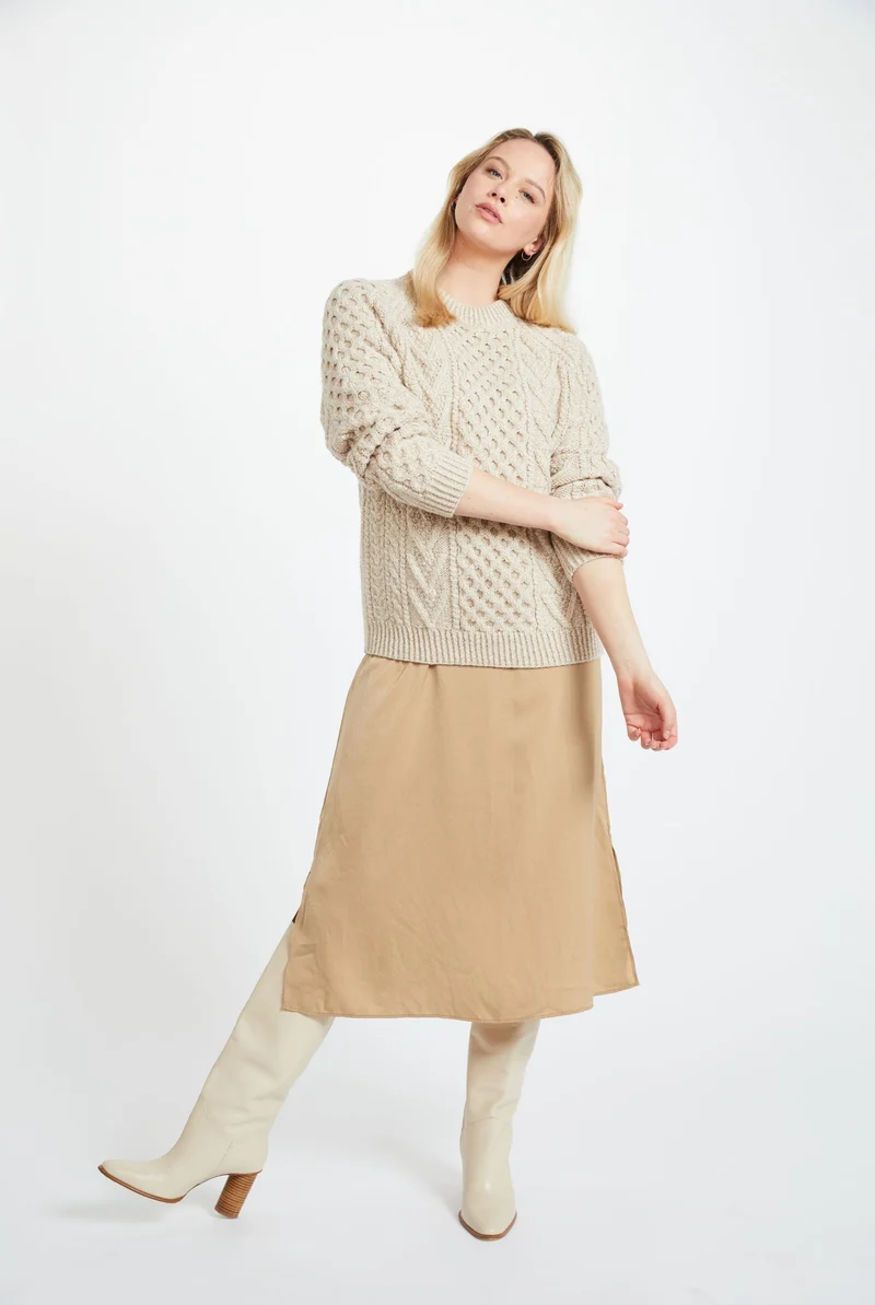 Kilronan Aran Ladies Honeycomb Sweater - Oat