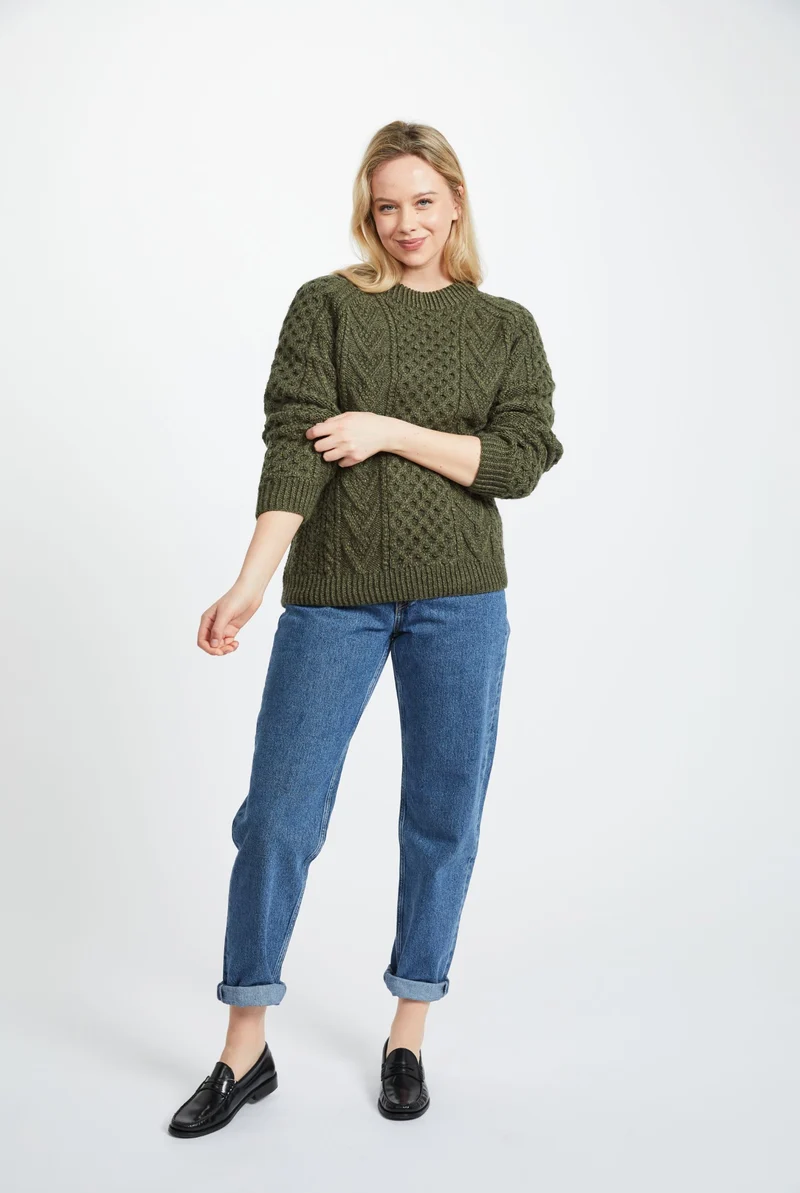Kilronan Aran Ladies Honeycomb Sweater - Green