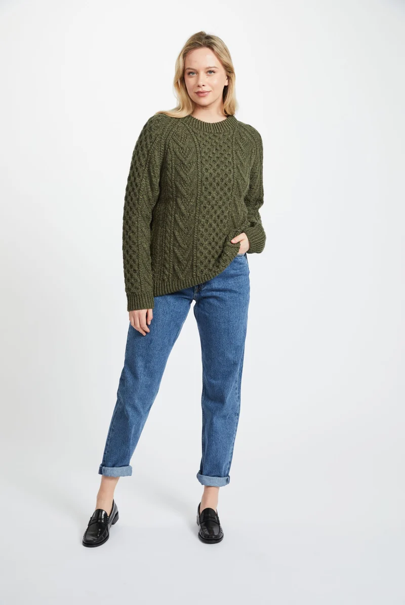Kilronan Aran Ladies Honeycomb Sweater - Green