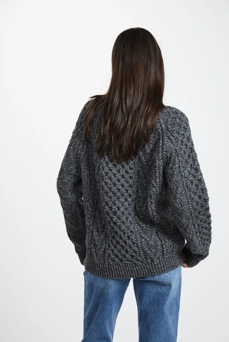 Kilronan Aran Ladies Honeycomb Sweater - Charcoal