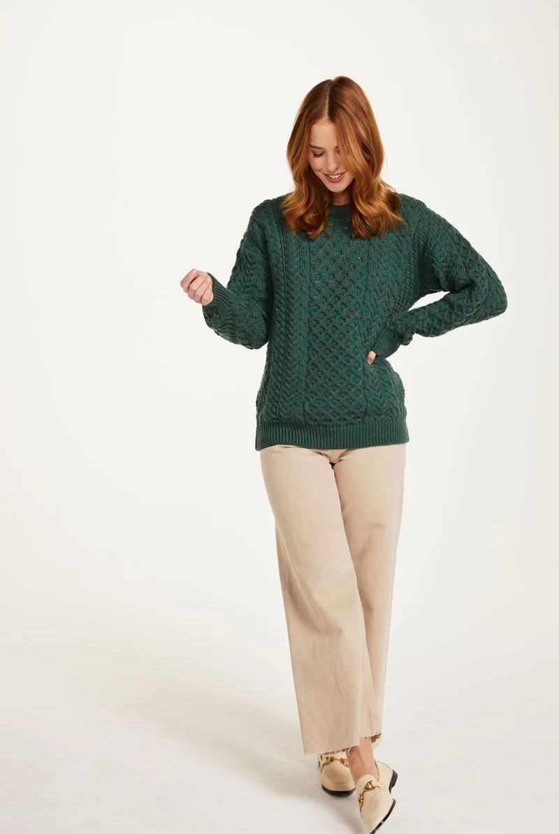 Inisheer Traditional Ladies Merino Aran Sweater - Green