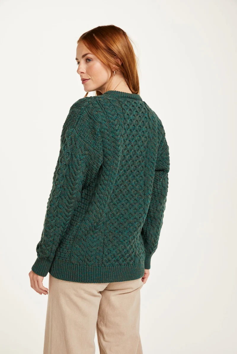 Inisheer Traditional Ladies Merino Aran Sweater - Green