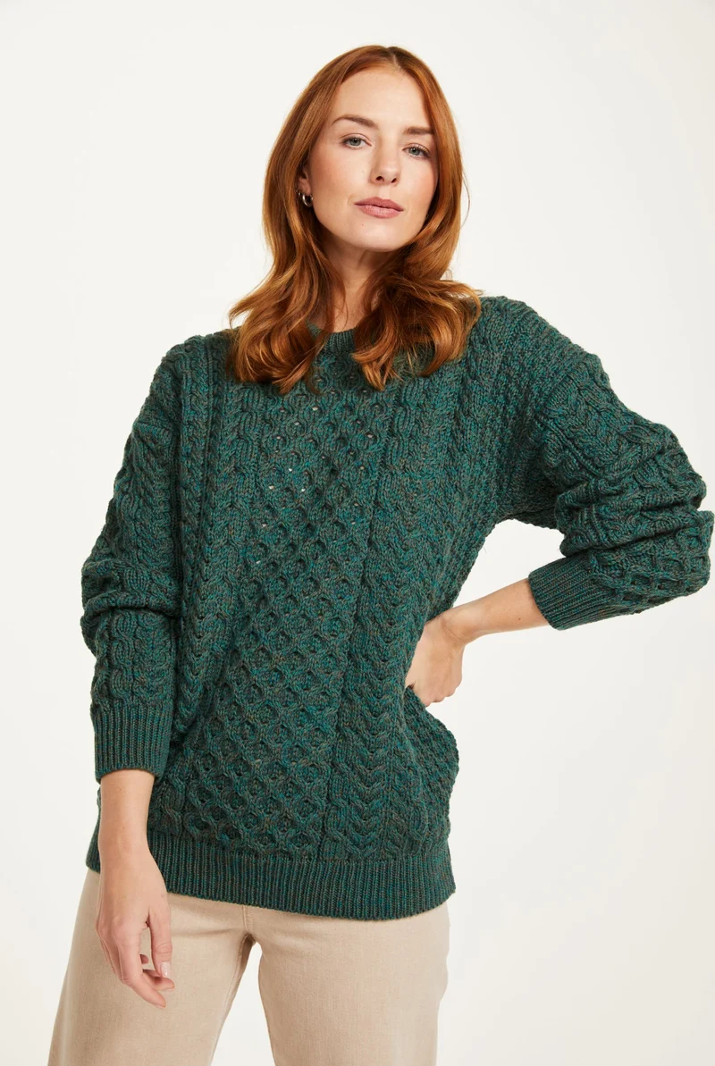 Inisheer Traditional Ladies Merino Aran Sweater - Green
