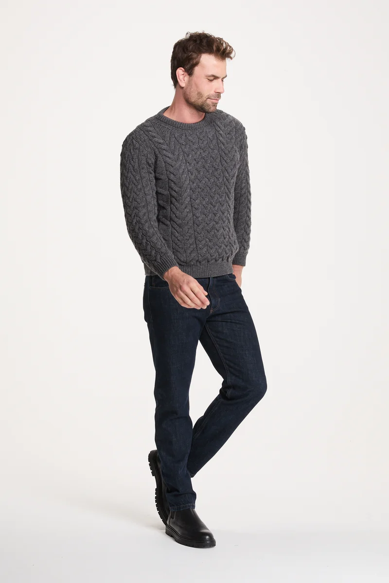 Omey Mens Aran Crew Neck Sweater - Charcoal
