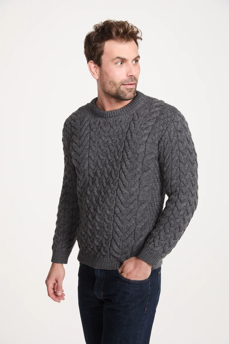 Omey Mens Aran Crew Neck Sweater - Charcoal