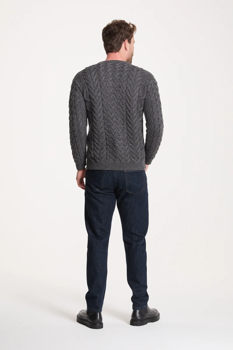 Omey Mens Aran Crew Neck Sweater - Charcoal