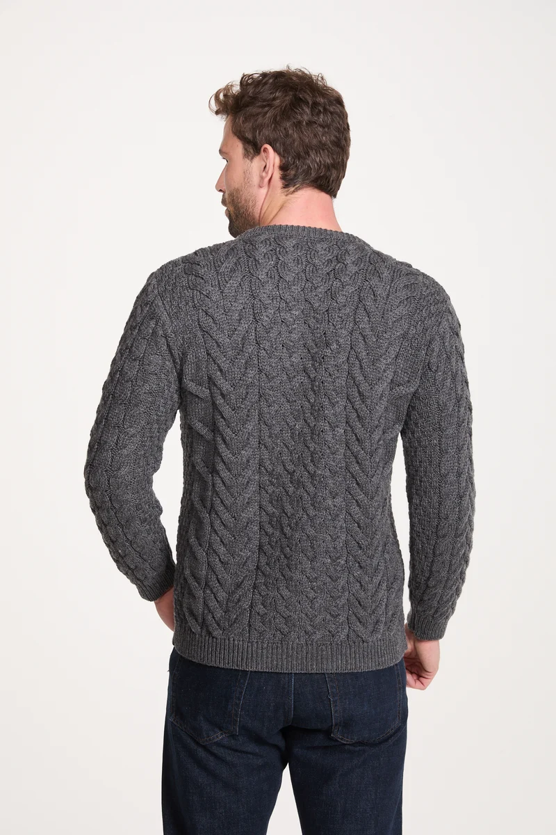 Omey Mens Aran Crew Neck Sweater - Charcoal