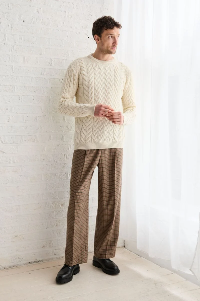 Omey Mens Aran Crew Neck Sweater - Cream