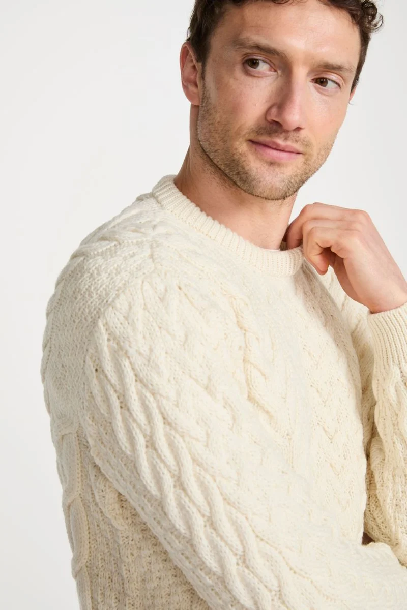 Omey Mens Aran Crew Neck Sweater - Cream