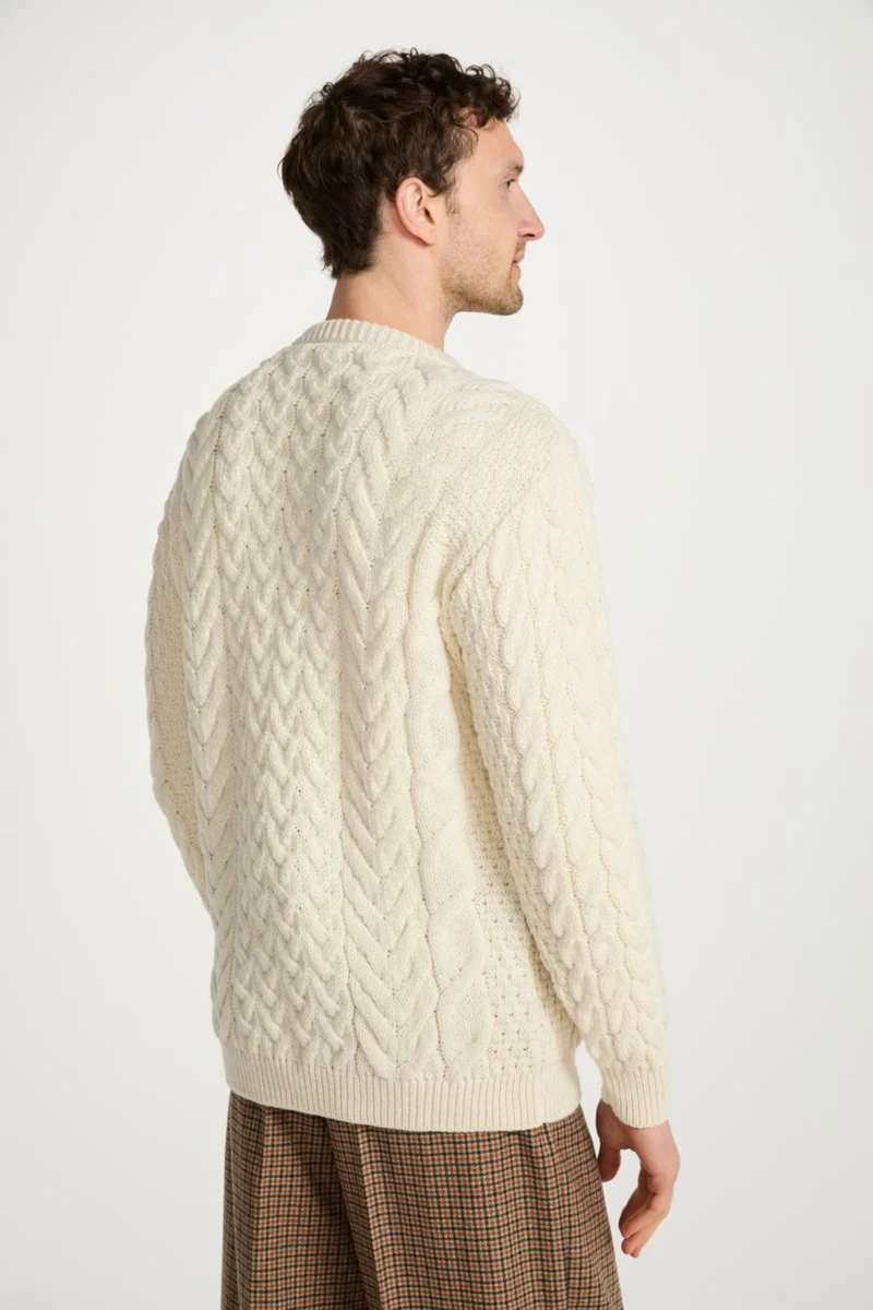Omey Mens Aran Crew Neck Sweater - Cream